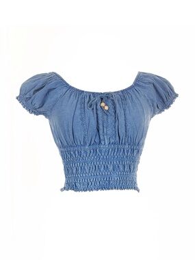 Blanco By Nature Azure Blue Smocked Crop Top Sweetheart Cotton Boho Resort